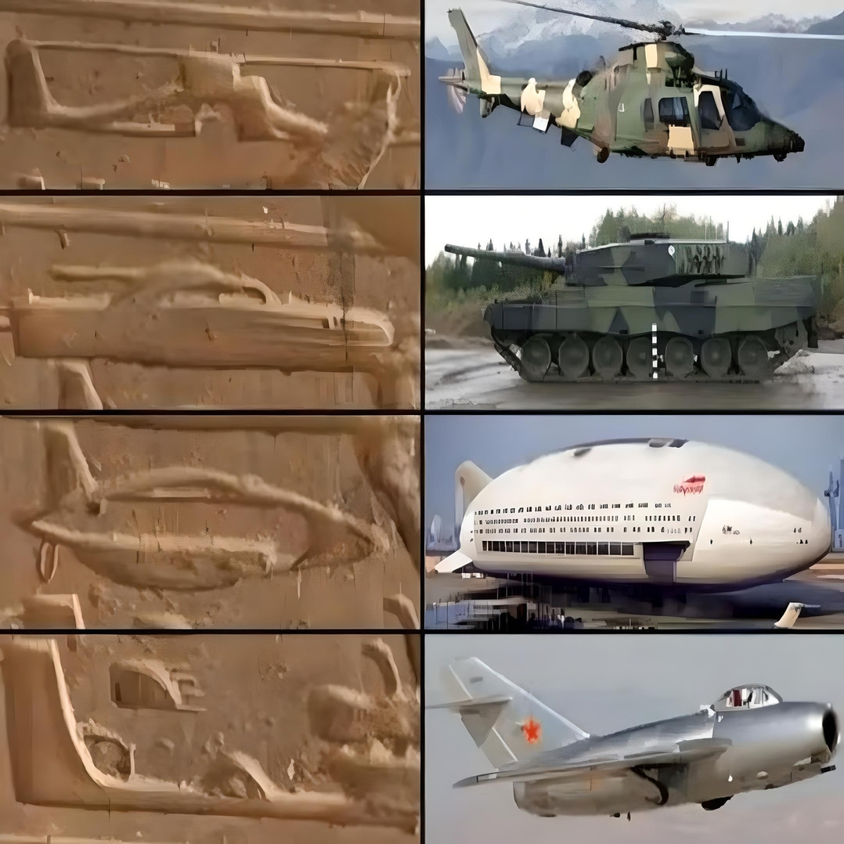 Jeroglíficos similares a modelos de helicópteros, tanques y aviones del período del Antiguo Egipto